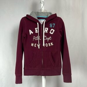 Aeropostale Maroon Zip Up Logo Hoodie Wine Red White Fleece Sweatshirt Juniors S